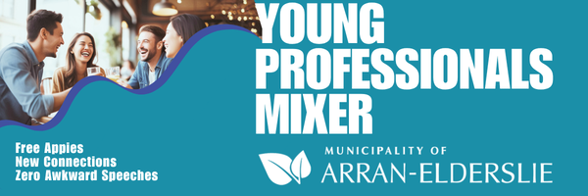 young professionals mixer title with image of young people laughing at a restaurant includes the municipal logo